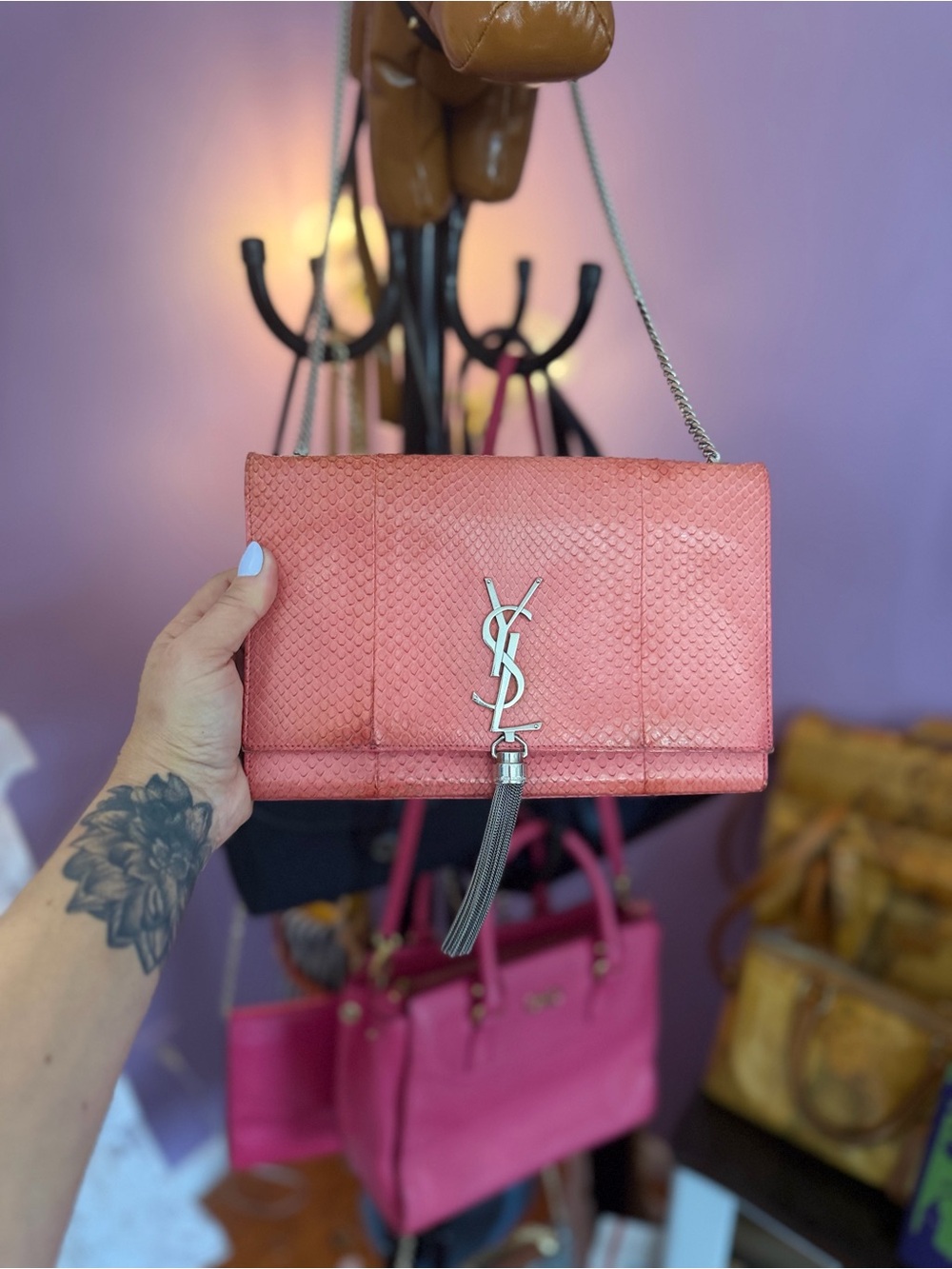 Yves Saint Laurent Coral Red Monogram Tassel Crossbody Bag - Picture 5 of 15